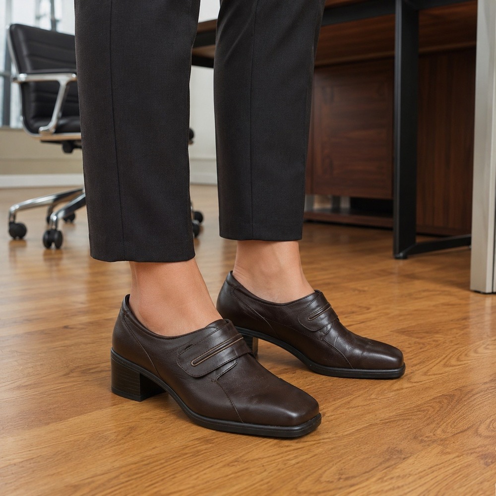 Vintage Y2K Josef Seibel Brown Leather Square Toe Hook Loop Block Heel Loafers